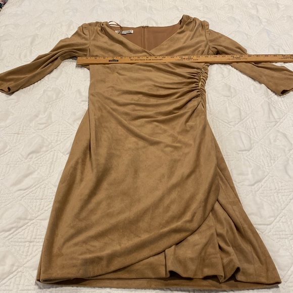 Kay Unger Tan Micro Suede Midi Dress- Faux wrap with decorative side zipper - Picture 5 of 15